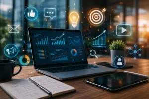 Modern online marketing munkakörnyezet laptopon megjelenő analitikával, közösségi média ikonokkal és digitális marketing elemekkel egy futurisztikus irodai hangulatban.
